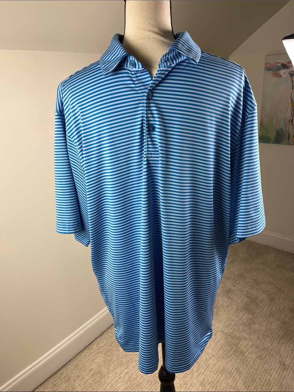 Walter Hagen Men’s Large Blue Striped Golf Polo Performance UPF 50 Stretch